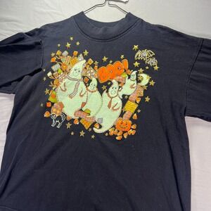 Vintage Halloween Shirt Womens XL Black Long Sleeve Ghost Pumpkin Party KWBL